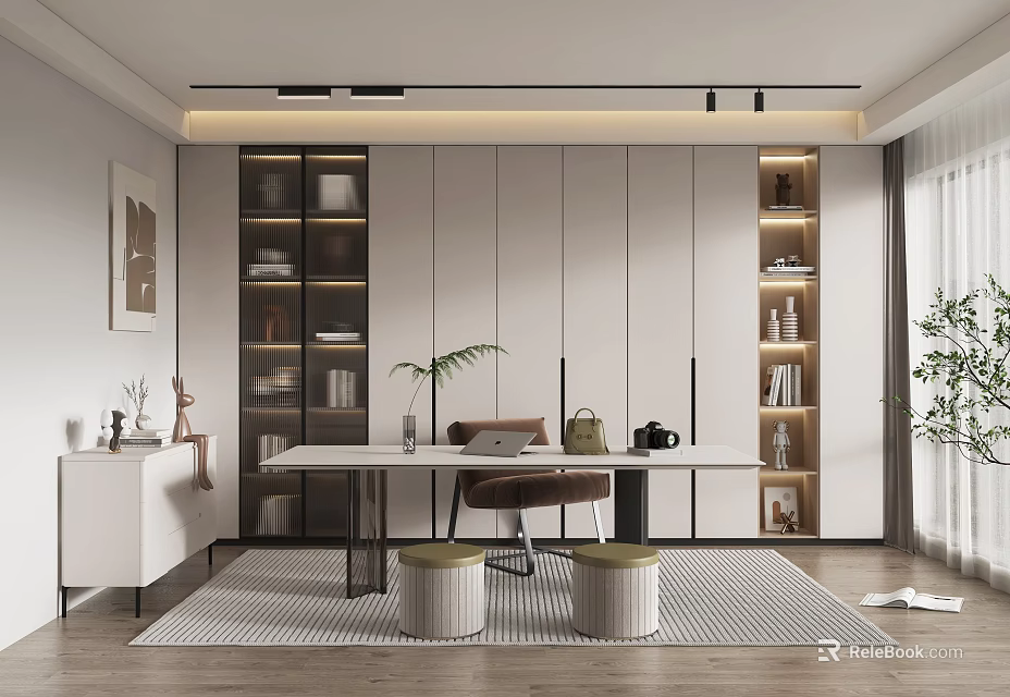 Modern Open Concept Study Room Interior With Built in Bookshelves Wooden Desk And Warm Lighting 3d model 