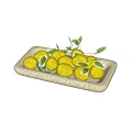 Fresh Lemons Arranged in Stone Tray with Green Leaves and Stems