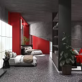 Carnation Exhibition Space With Red Pillars Gray Walls And Display Beds