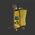 Practical Mobile Cleaning Cart With Yellow Cloth Caution Sign Brush And Bowl