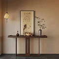 Traditional Chinese Interior Featuring Wall Scroll Bamboo Plant And Wooden Console Table With Lantern Light 3d model