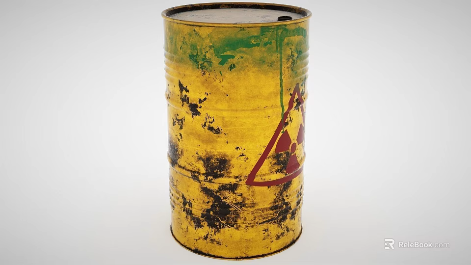Industrial Equipment Yellow Metal Barrel with Worn Paint and Red Radioactive Warning Symbol 3d model 