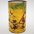 Industrial Equipment Yellow Metal Barrel with Worn Paint and Red Radioactive Warning Symbol