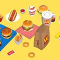 Assorted Fast Food Items Including Hamburgers Hot Dog Milkshake Onion Rings And Fries