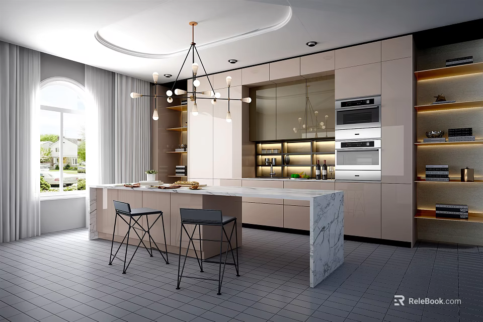 Modern Kitchen Interior Design With Marble Island Counter Cabinets And Appliances 3d model 