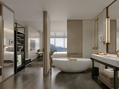 Hotel Bathroom Interior With Marble Countertop Round Mirror White Bathtub And Mountain View 3d model