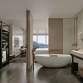 Hotel Bathroom Interior With Marble Countertop Round Mirror White Bathtub And Mountain View