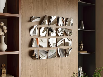 Modern Silver Metallic Abstract Irregular Geometric Wall Decor On Wooden Wall 3d model