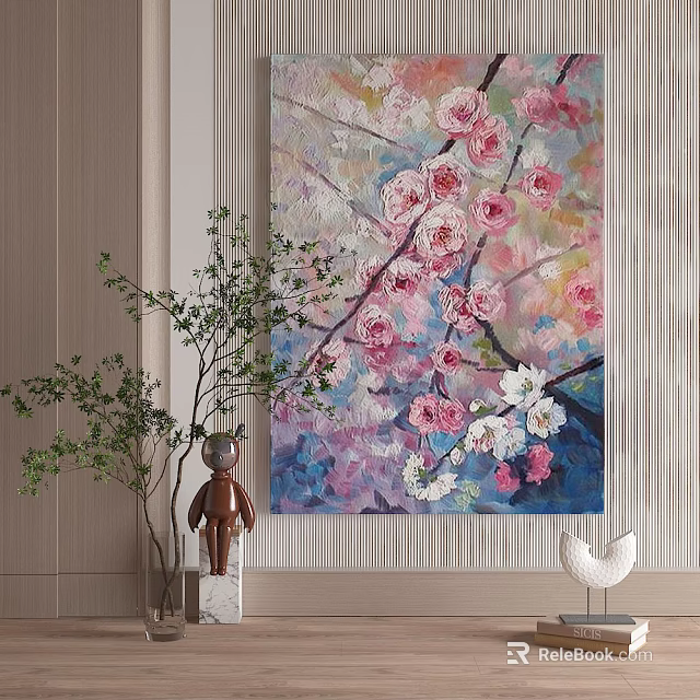 Botanical Wall Painting with Pink White Blossoms and Branch Design Details 3d model 