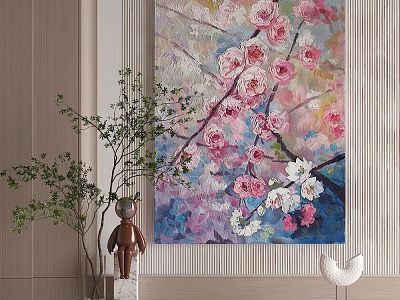 Botanical Wall Painting with Pink White Blossoms and Branch Design Details 3d model