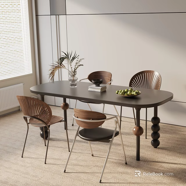 Modern Dining Table Set with Woven Back Chairs Vase Books and Fruit Bowl 3d model 