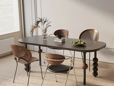 Modern Dining Table Set with Woven Back Chairs Vase Books and Fruit Bowl 3d model