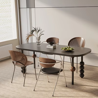 Modern Dining Table Set with Woven Back Chairs Vase Books and Fruit Bowl 3d model