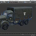 Vintage Dark Green Military Truck with Canvas Covered Cargo Bed Six Wheels and Side Emblem