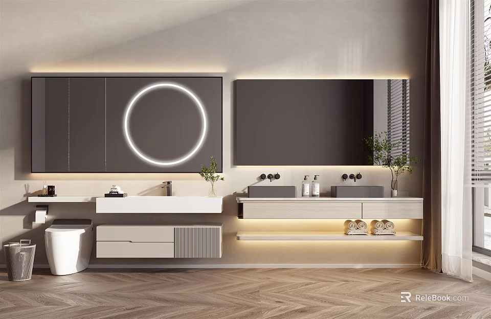 Modern Bathroom Vanity With Double Sink Mirror Cabinet And LED Lighting On Herringbone Floor 3d model 