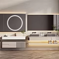 Modern Bathroom Vanity With Double Sink Mirror Cabinet And LED Lighting On Herringbone Floor