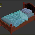 Traditional Wooden Bed With Mahogany Frame Blue Patterned Bedspread And Pillow