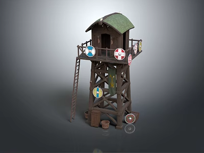 Wooden Watchtower With Green Roof Ladder Colorful Circular Decorations And Wooden Bucket At Base 3d model