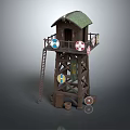 Wooden Watchtower With Green Roof Ladder Colorful Circular Decorations And Wooden Bucket At Base