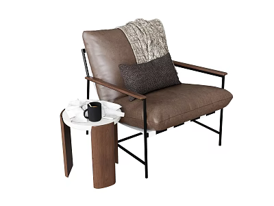 Brown Leather Single Sofa with Light Blanket Dark Pillow and Wooden Side Table 3d model
