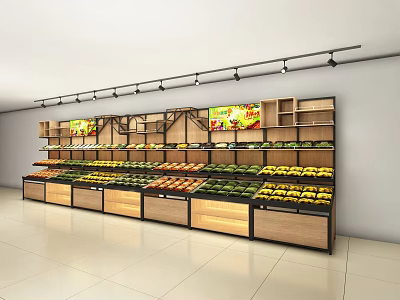 Wooden Fruit Display Shelves With Multiple Layers And Spotlights Holding Various Fruits 3d model