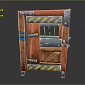Wooden Door With Red Panels Yellow Stripes Metal Hinges And Blue Tape
