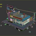 Cartoon Scene Featuring Cute Diner Building With Neon Sign Blue Red Roof And Stone Platform