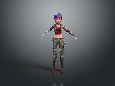 Game And Movie Character With Purple Hair Red Tank Top Camouflage Pants And Arm Guards 3d model