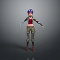 Game And Movie Character With Purple Hair Red Tank Top Camouflage Pants And Arm Guards