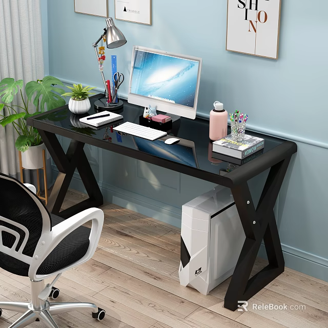 Modern Black Glass Desk With Computer Monitor Keyboard Desk Lamp And Green Plant Setup 3d model 