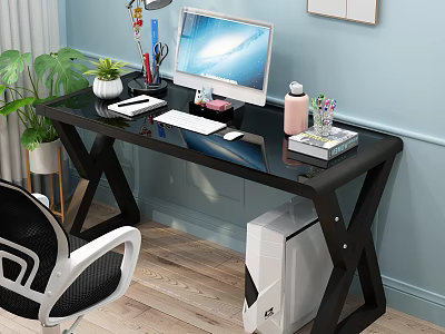 Modern Black Glass Desk With Computer Monitor Keyboard Desk Lamp And Green Plant Setup 3d model