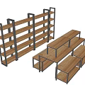 Step Design Multi Tiered Display Shelves With Wooden Layers And Metal Frames