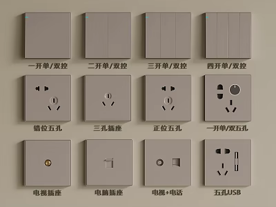 Gray Wall Electrical Switches And Power Outlets With Multiple Socket Types 3d model
