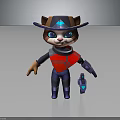 3D Anthropomorphic Cat Character Design With Hat Red Black Outfit And Blue Device