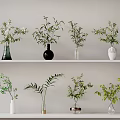 Multiple Colored Vases With Green Plants Displayed On Shelves For Home Decor