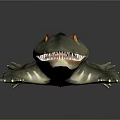 Reptile 3D Render with Gray Body Yellow Stripes Red Eyes and Open Mouth