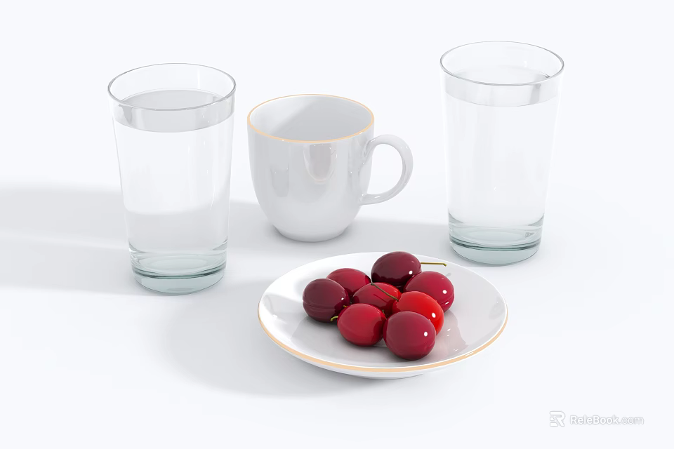 Fresh Red Cherries on White Plate with Two Glass Cups and White Mug 3d model 