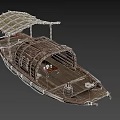 Traditional Wooden Boat With Bamboo Canopy Red Lanterns And Wooden Deck