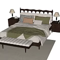 Cozy Double Bed With Wooden Headboard Pillows Nightstands Table Lamps And Bench