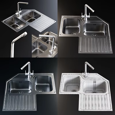 Modern Stainless Steel Kitchen Sink With Double Bowl Drainboard And Faucet 3d model