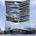 Modern High Rise Hotel Building With Glass Facade Vertical Greenery And Wavy Architectural Design