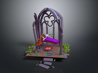Enchanting Fantasy Landscape With Gothic Arch Purple Bed Green Plants And Floating Steps 3d model