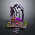 Enchanting Fantasy Landscape With Gothic Arch Purple Bed Green Plants And Floating Steps