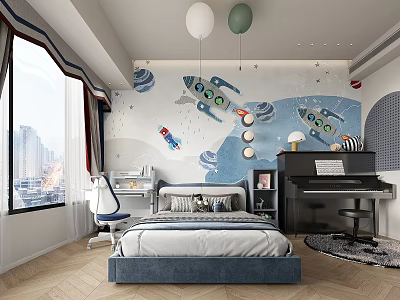 Space Themed Kids Room With Blue Wall Rocket Planets Bed Desk Piano Windows And Balloons 3d model