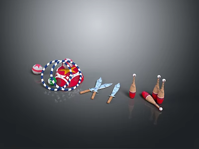 Weapons Display Featuring Crossed Knives Wooden Handled Red Grenades And Red Blue Throwing Balls 3d model