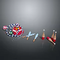 Weapons Display Featuring Crossed Knives Wooden Handled Red Grenades And Red Blue Throwing Balls