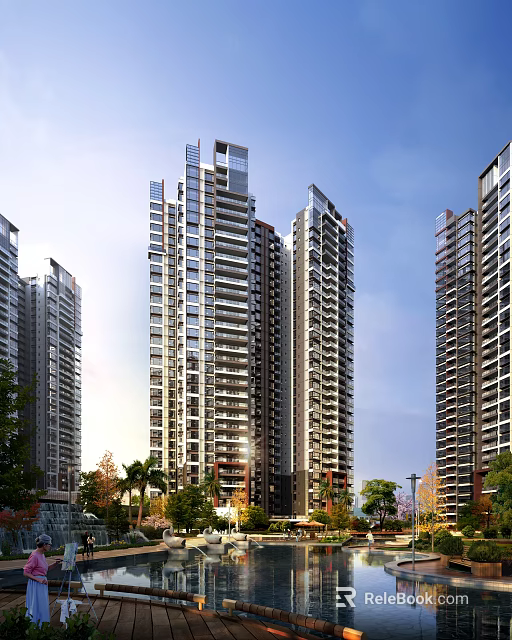 Modern High Rise Residential Building With Glass Facade And Green Landscaping 3d model 