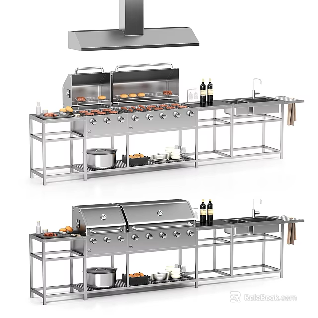 Stainless Steel Outdoor Kitchen Setup With Grills Sinks And Shelves 3d model 