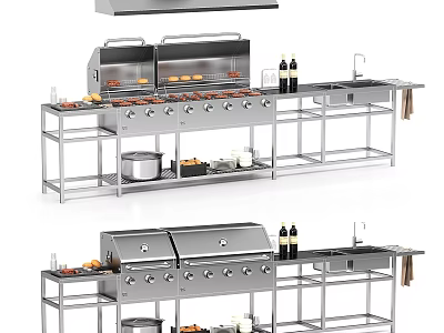 Stainless Steel Outdoor Kitchen Setup With Grills Sinks And Shelves 3d model