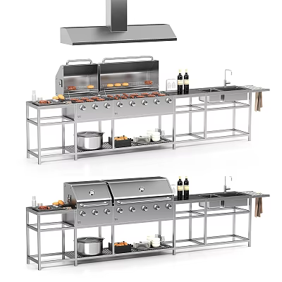 Stainless Steel Outdoor Kitchen Setup With Grills Sinks And Shelves 3d model